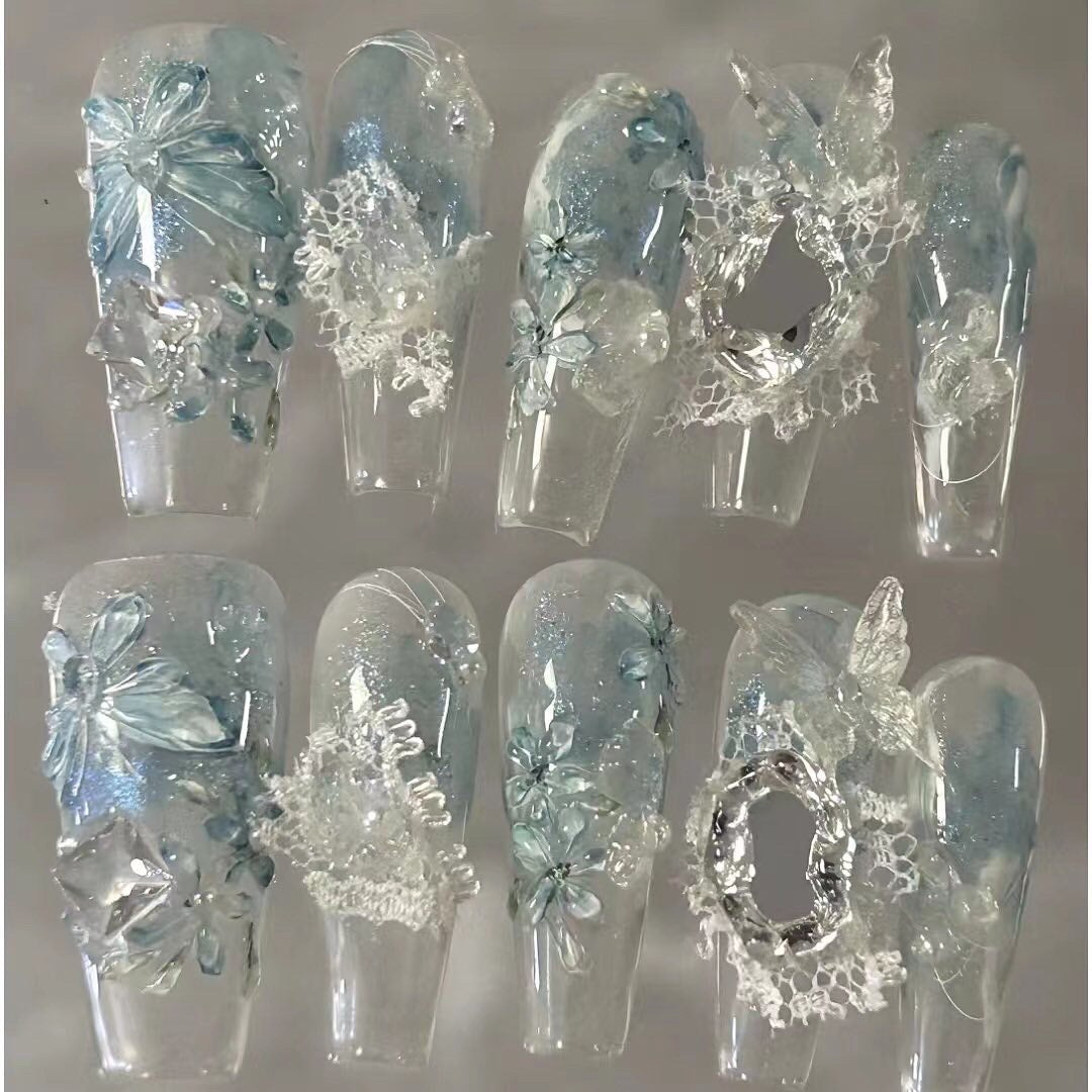 Blue ice butterfly flower cool nails