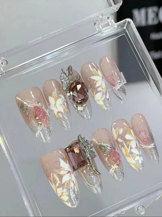 White flowers diamonds nails