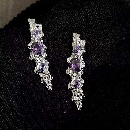 2022 New Time Poet's Liquid Asymmetrical Earrings Decorated with Sterling Silver Purple Zircon Crystal Popular Design Trend