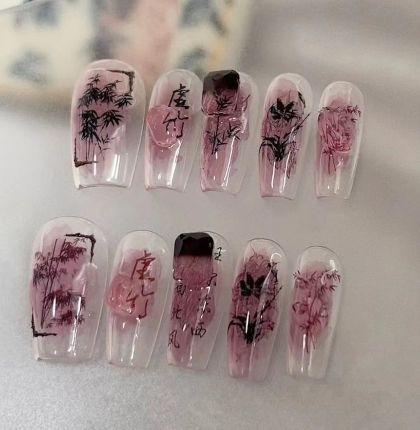 Mid length Ballet - Ink Chinese Style Flower Wearing Armor Autumn and Winter Gradual Halo Dye Nail Enhancement False Nail Patch