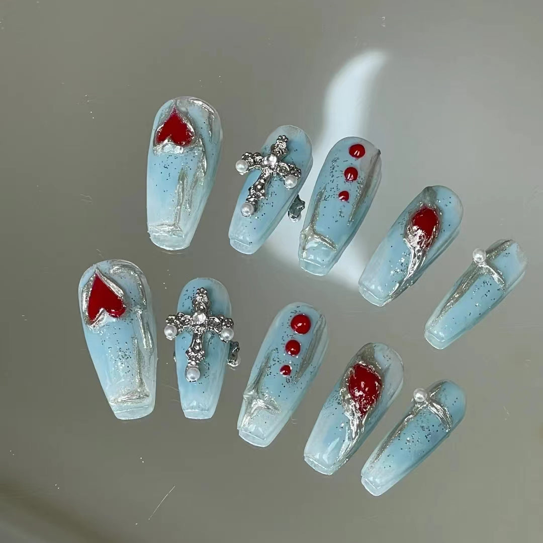 Blue handmade wearing nails, love diamond nail enhancement products, medium and long handmade phototherapy nail patches, whitening