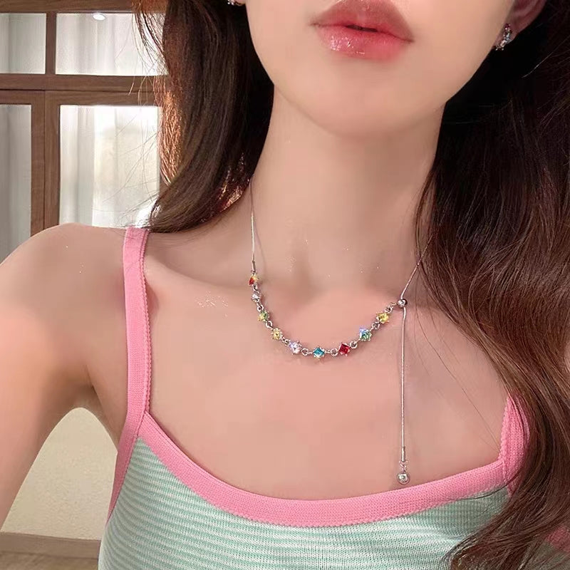 Rainbow Crushed Stone Necklace Light Luxury Small Crowd 2023 New Adjustable Collar Chain with Advanced Sense Sweet Neckchain Women's Trend