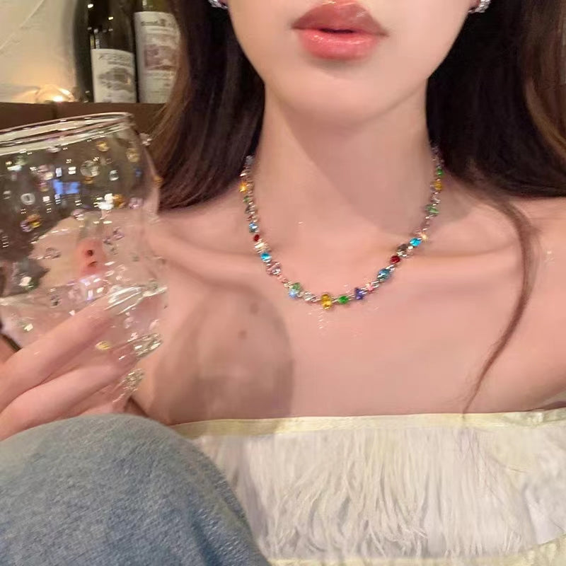 Sunset Party~Candy Colorful Crystal Necklace Light Luxury Crowd 2023 New Popular Collar Chain Neckchain Female