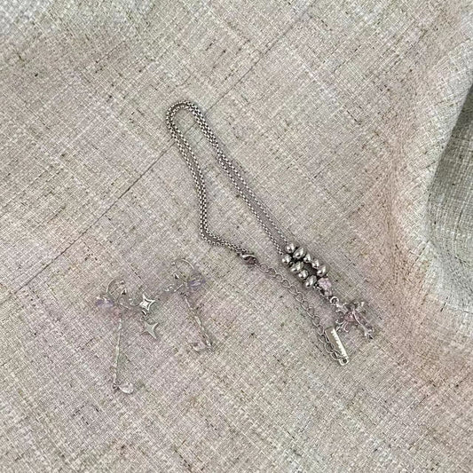Sweetheart Butterfly Crystal Earbone Clip Tassel Small Elf Ear Clip Female Earrings Pink Girl Cross Necklace