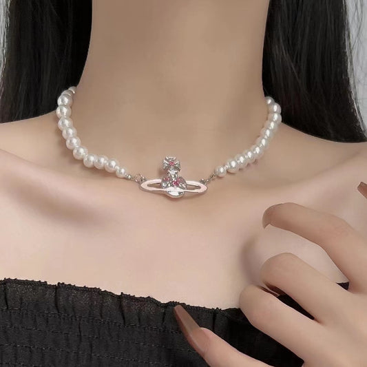 Queen Mother Vivian Vivienne Pink Paint Saturn Pearl Necklace Female Net Red Luxury Clavicle Chain