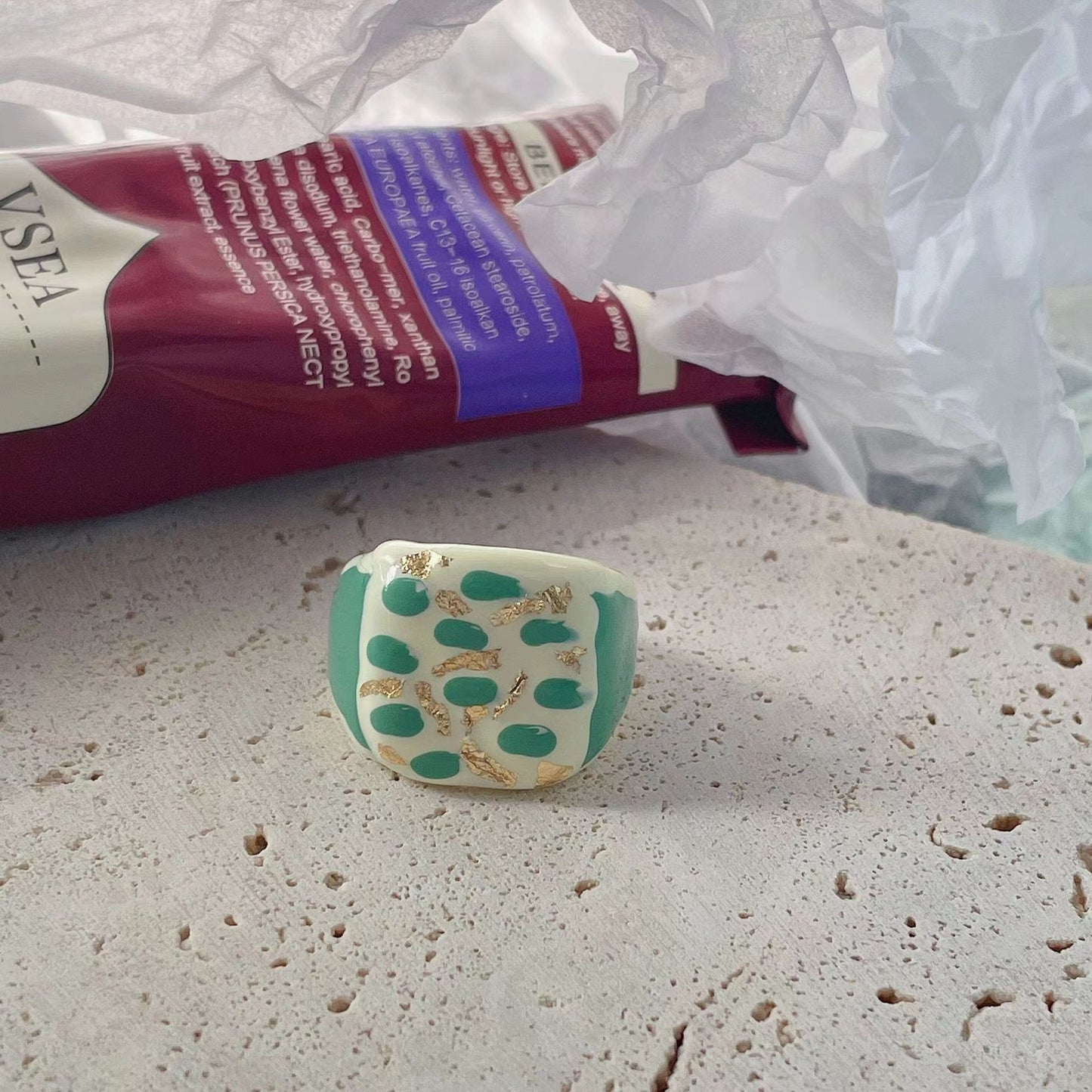 Splicing Ink Hand Drip Glaze Ring with Small Design Sense Checkerboard Checker Cream Hand Drip Glaze Ring