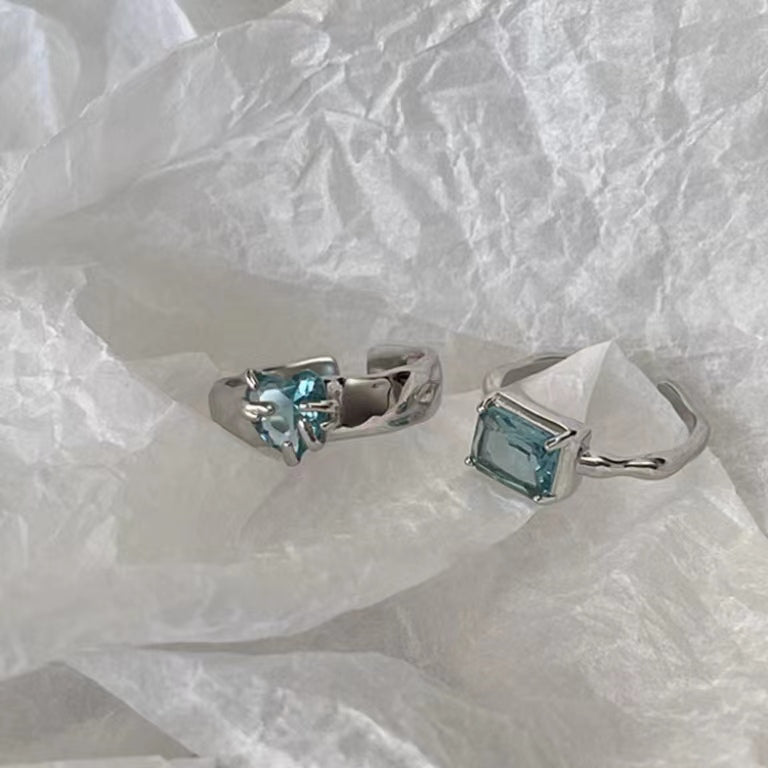 Full S925 Sterling Silver Simple Fashion Diamond Set Blue Zircon Heart Ring Open Ring