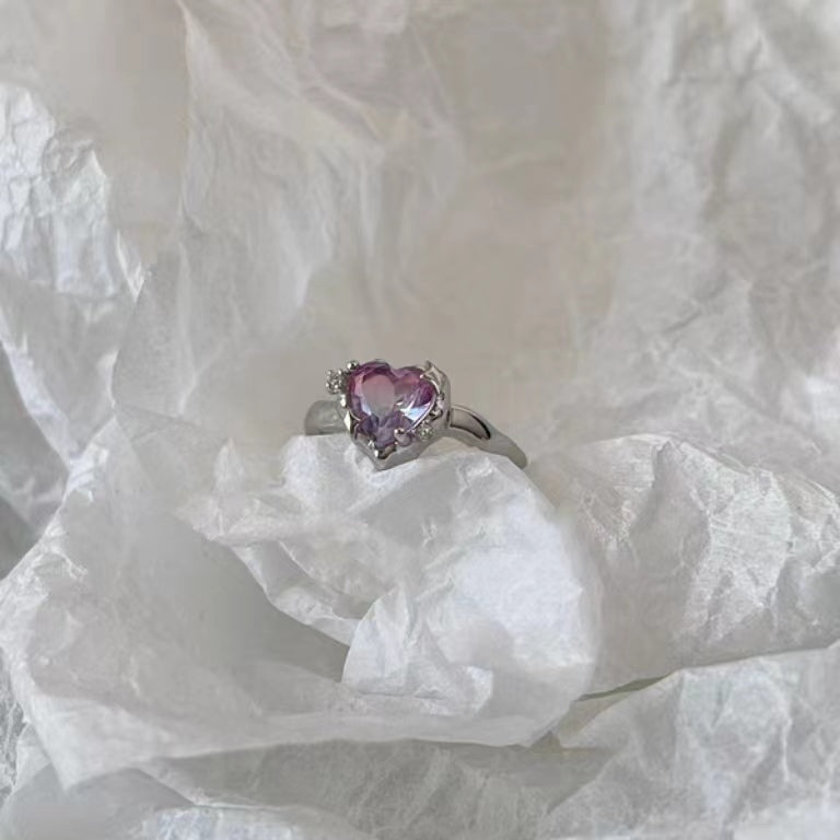 Full S925 Sterling Silver Fashion Mango Star Diamond Zircon Heart Ring Sweet Cool Open Ring