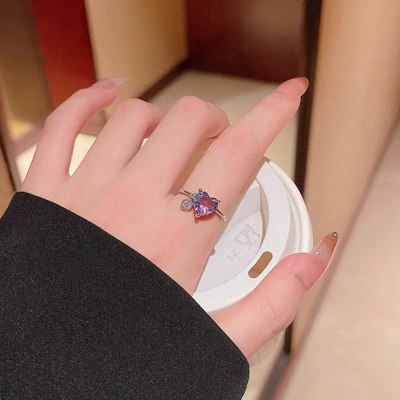 Forest series niche creative color love ring, feminine and fresh zircon ring, personalized and versatile open index finger ring