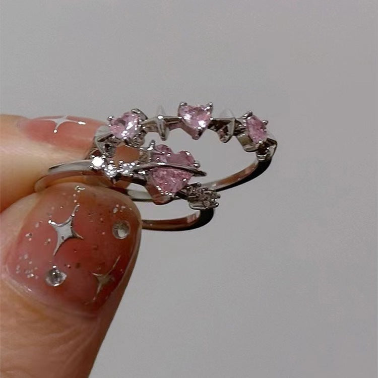 Sweet and Cool Pink Diamond Love Ring in Korean Fashion, Personality, and Small Crowd Design, Cool and Exquisite Zircon Index Finger Ring for Women