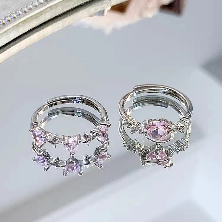Sweet and Cool Pink Diamond Love Ring in Korean Fashion, Personality, and Small Crowd Design, Cool and Exquisite Zircon Index Finger Ring for Women