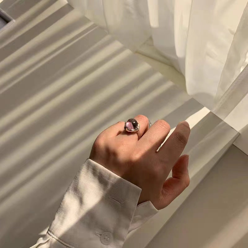Pink Zircon Ring for Female INS. Cool and Elegant. Adjustable Opening Ring with Light Luxury and Unique Irregular Ring