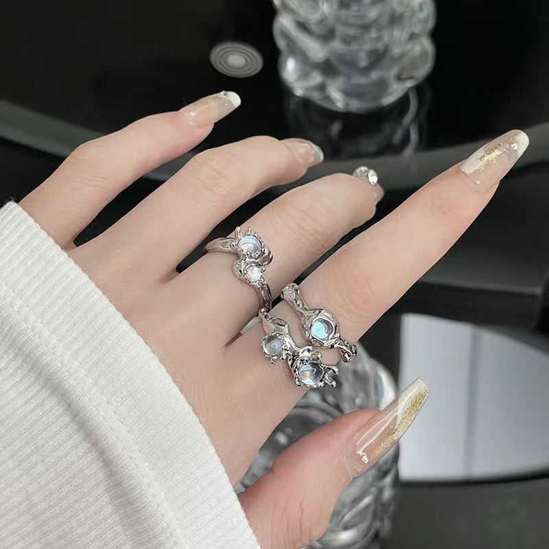 Moonlight Stone Small Design Sense INS Cold Wind Ring Female Gem High Grade Sense French Irregular Fold Ring