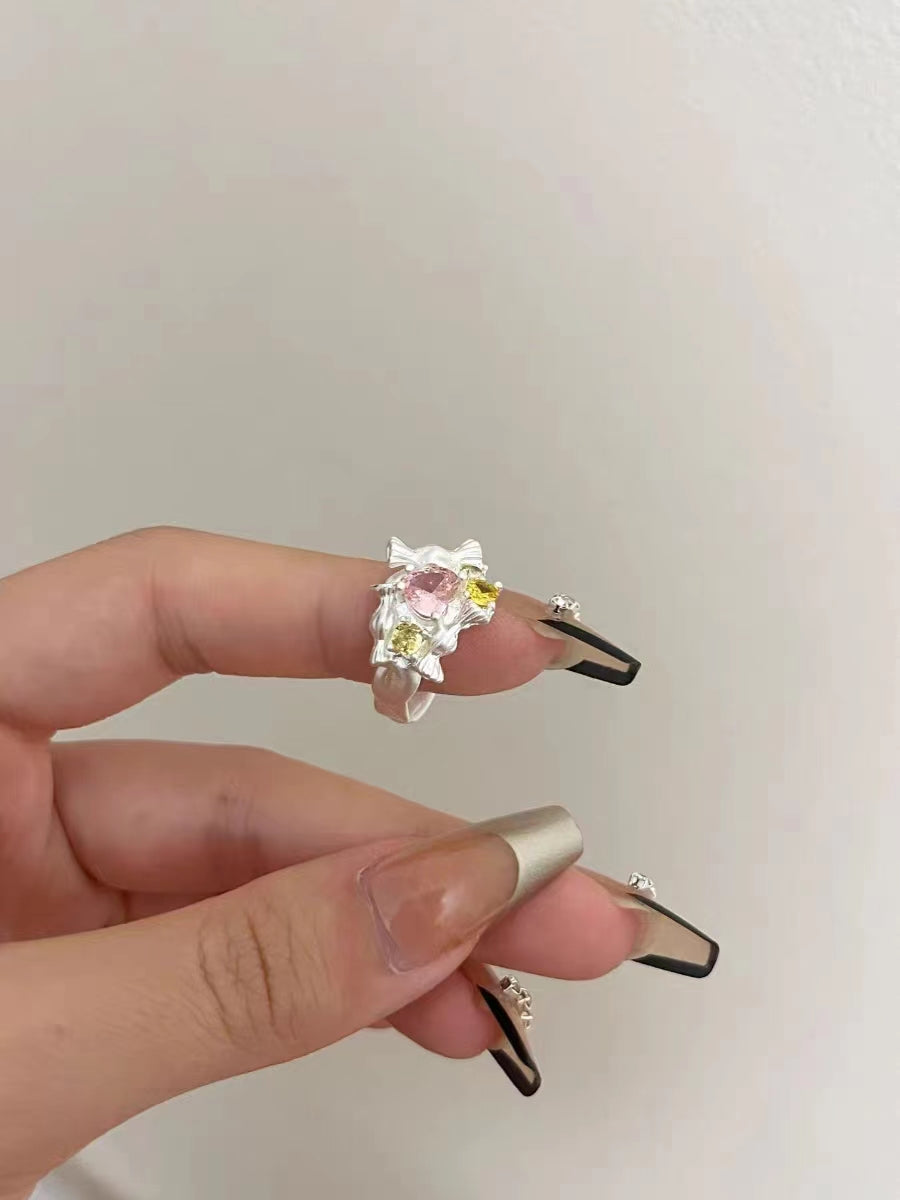 2023 New Pink Zircon Love Flower Layered Ring for Women's Fashion Versatile Personalized Opening Index Finger Ring