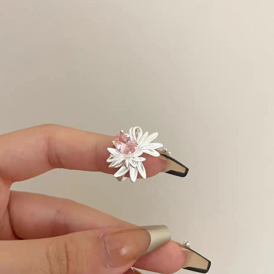 2023 New Pink Zircon Love Flower Layered Ring for Women's Fashion Versatile Personalized Opening Index Finger Ring