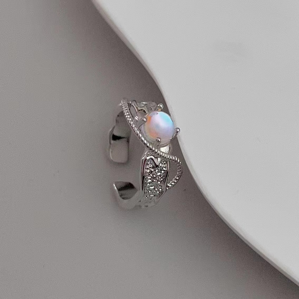 Homemade Moonlight Stone series niche design ring with adjustable opening and diamond inlay design feel ring