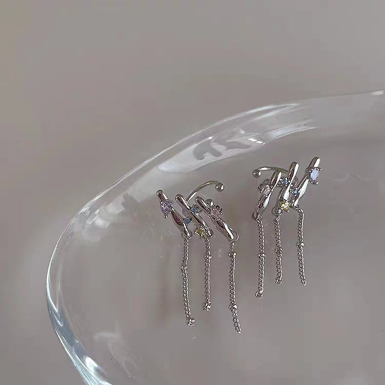 Irregular metal colored diamond chain tassel earrings for female niche design, personalized and versatile temperament, ear bone clip earrings