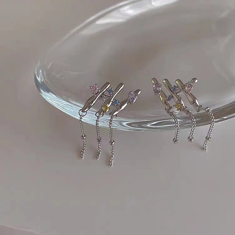 Irregular metal colored diamond chain tassel earrings for female niche design, personalized and versatile temperament, ear bone clip earrings