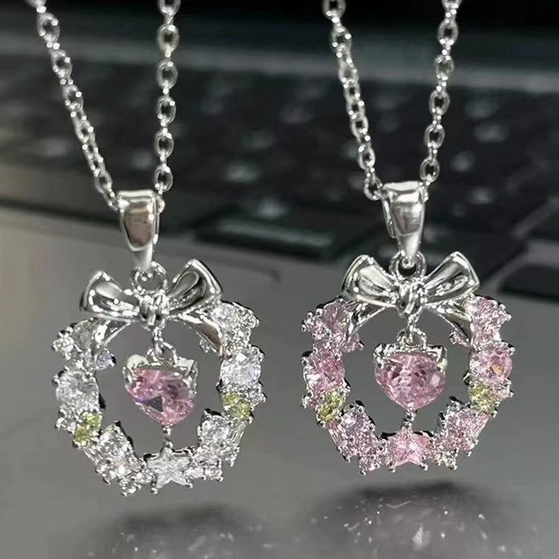 Pink White Stone Necklace Crystal Sparkling