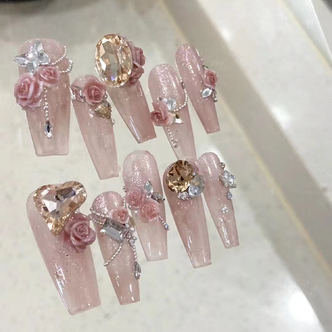 Customized Wearing Nail with Two Color Carved Rose Versatile Naked Color Nail Enhancement