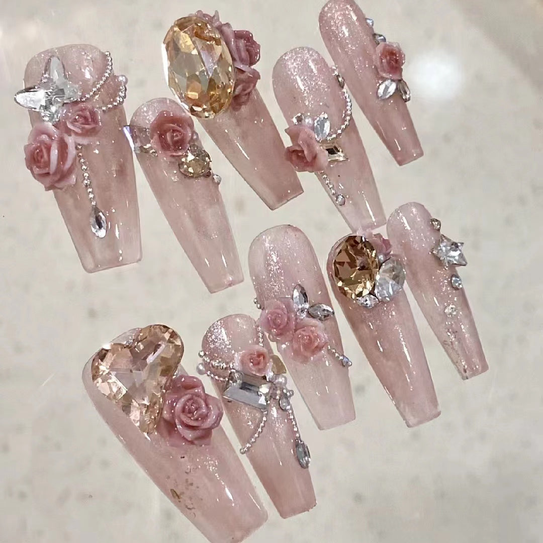Customized Wearing Nail with Two Color Carved Rose Versatile Naked Color Nail Enhancement