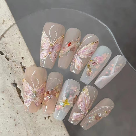 Pink nail butterfly sticker 2024 new high-end dopamine 3D relief white liquid