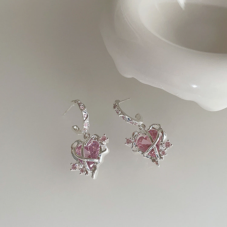 Irregular matte metal pink zircon love earrings women's niche design personalized versatile earrings