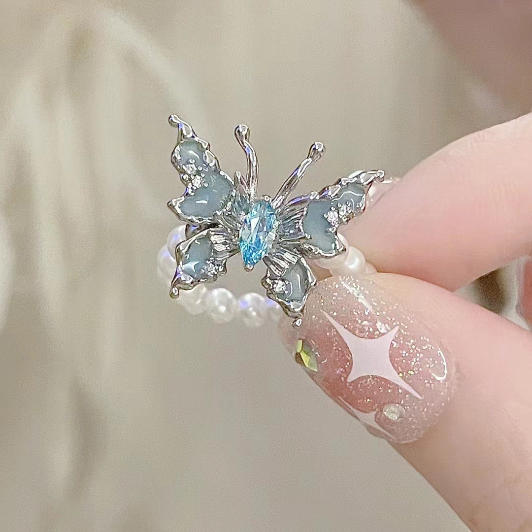 Blue butterfly pearl ring