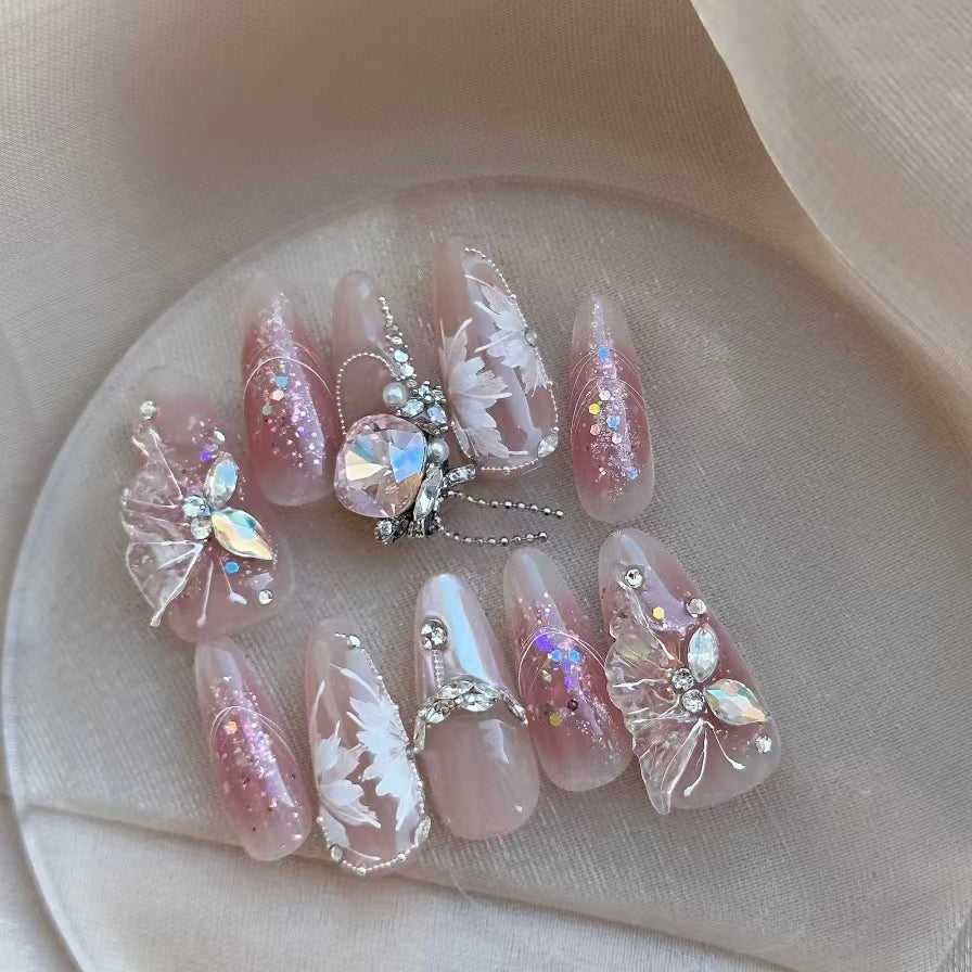 Light luxury pile diamond hand-painted flower fairy gas pure handmade wearable nail patch with detachable nail art