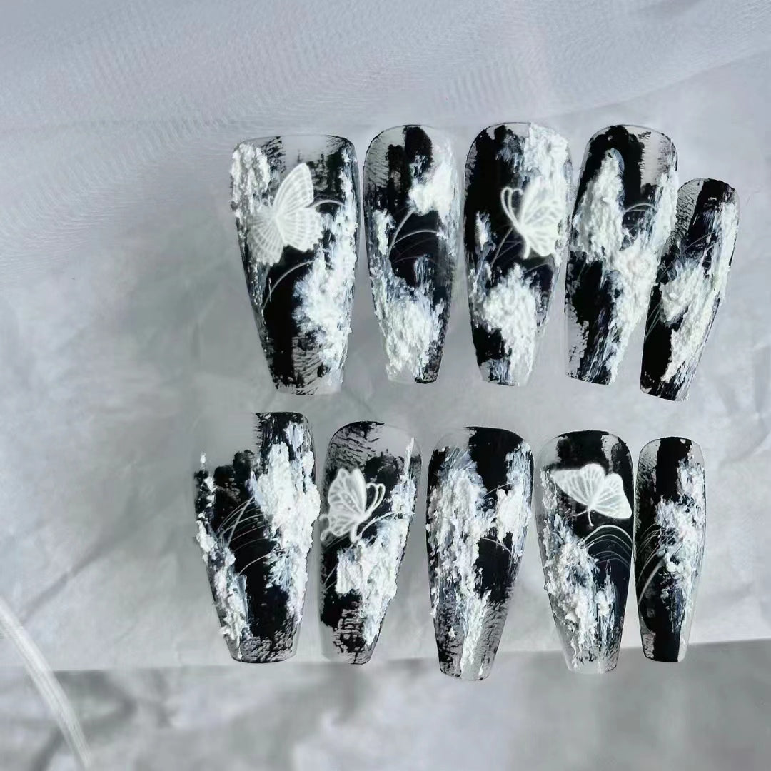 Handmade wearing armor Y2K silver white three-dimensional hand drawn silver chain nail art