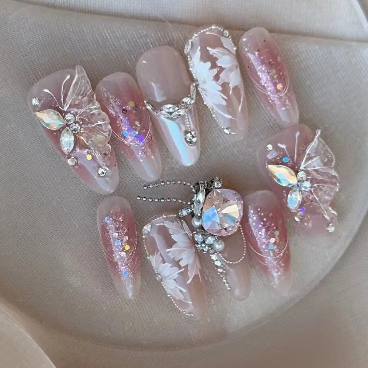 Light luxury pile diamond hand-painted flower fairy gas pure handmade wearable nail patch with detachable nail art