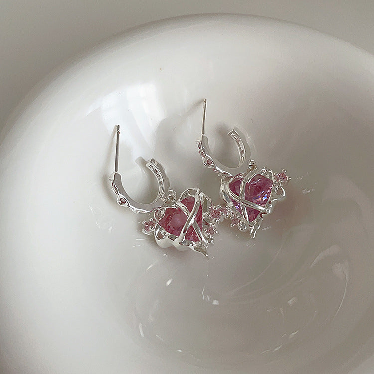 Irregular matte metal pink zircon love earrings women's niche design personalized versatile earrings
