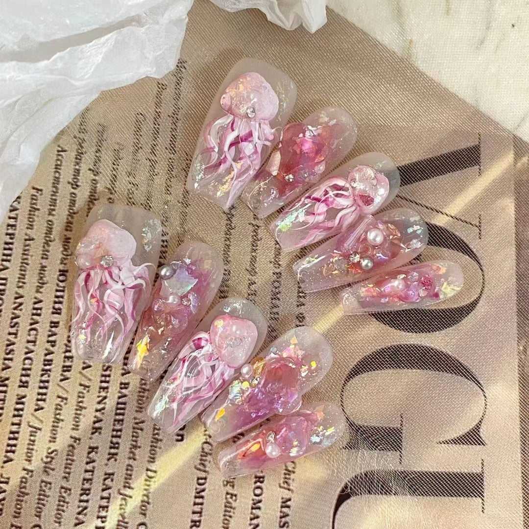 Pure handmade custom wearing nail polish, pure hand-painted jellyfish nail patch, nail patch, finished product, detachable