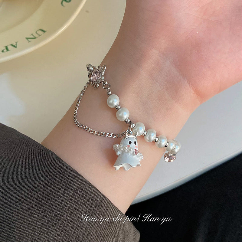 Sweet and cool black and white ghost bracelet personalized niche design cold wind double-layer beaded couple bracelet