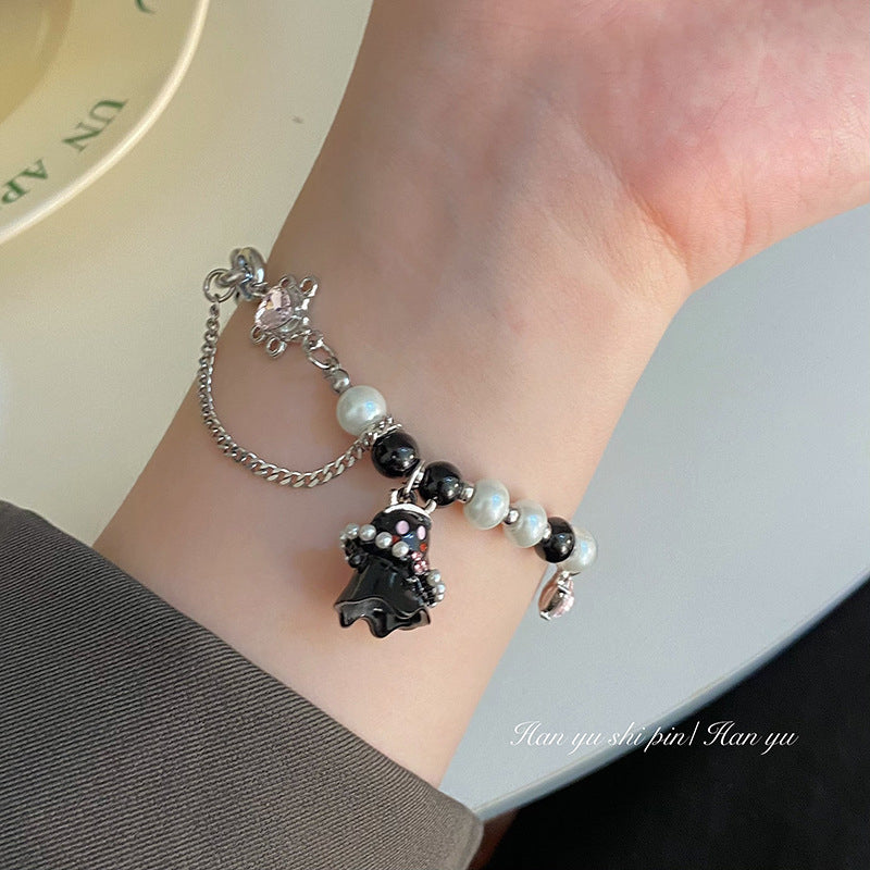 Sweet and cool black and white ghost bracelet personalized niche design cold wind double-layer beaded couple bracelet