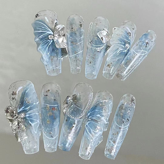 Blue Jade Butterfly Nail Art Ice Sand Super Sparkling Immortal Spirit Nail Art Pure Handmade