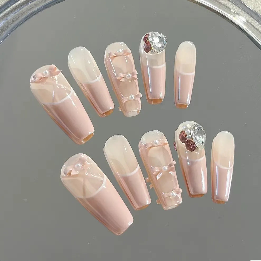 Handmade Wearing Nail Fingertip Ballet with High Grade Diamonds and Bow Ties French Style Style Nail Art
