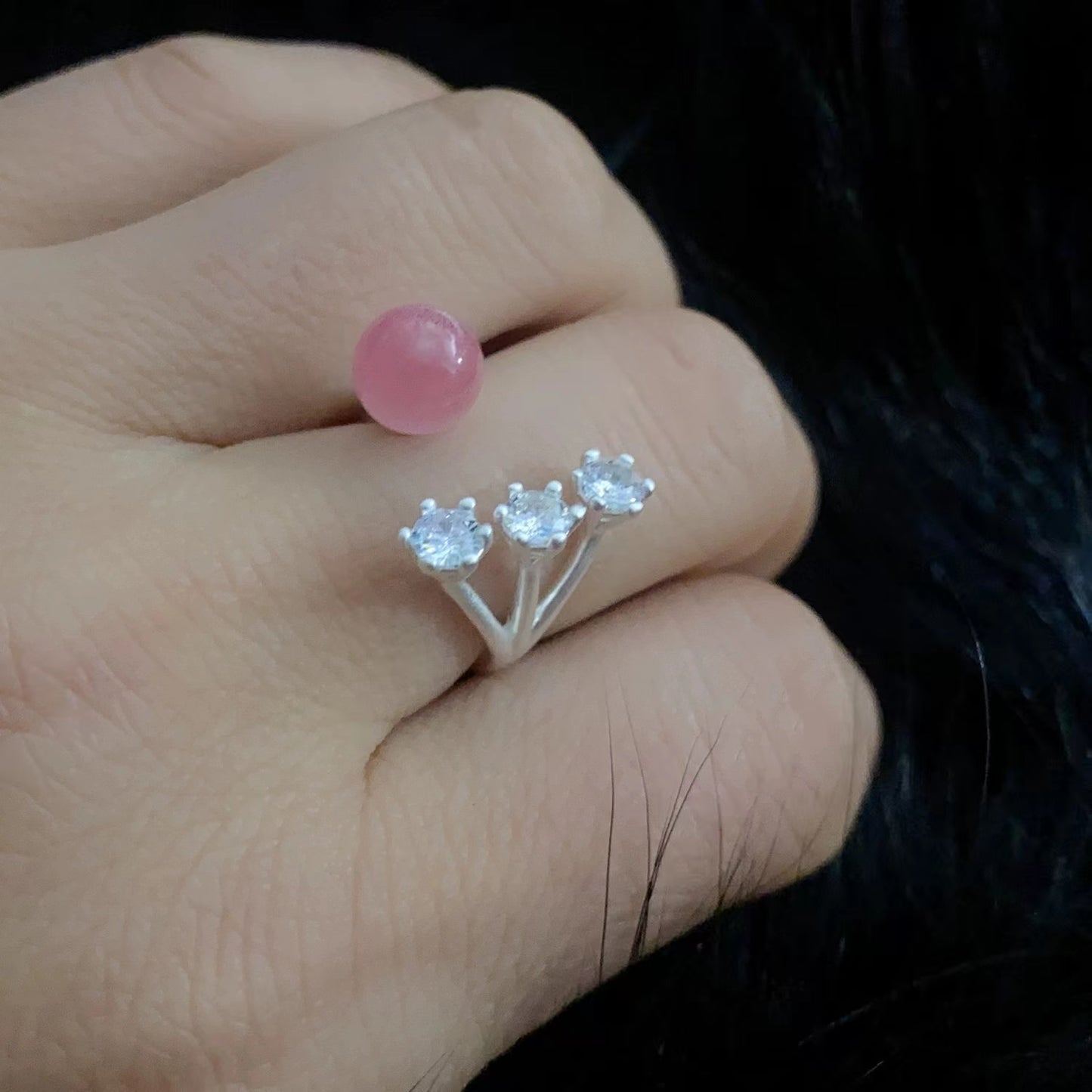 Personalized design zirconium moon star pink cat's eye stone open ring