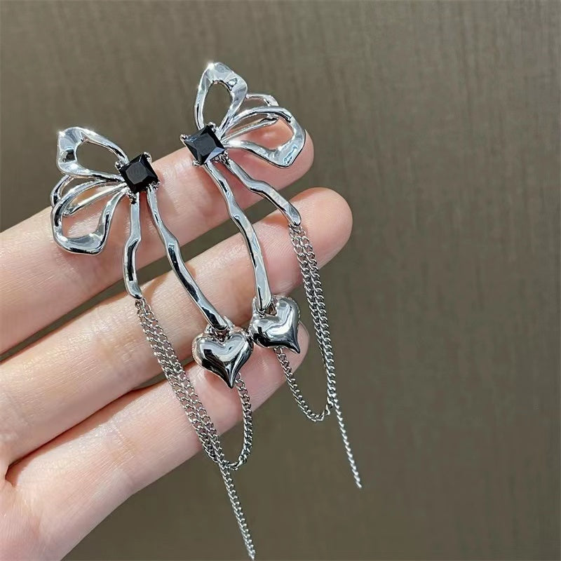 925 silver needle exaggerated butterfly tassel set diamond love ear clip
