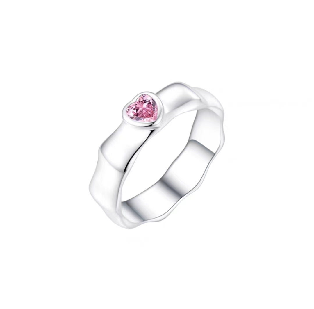 Pink heart silver ring