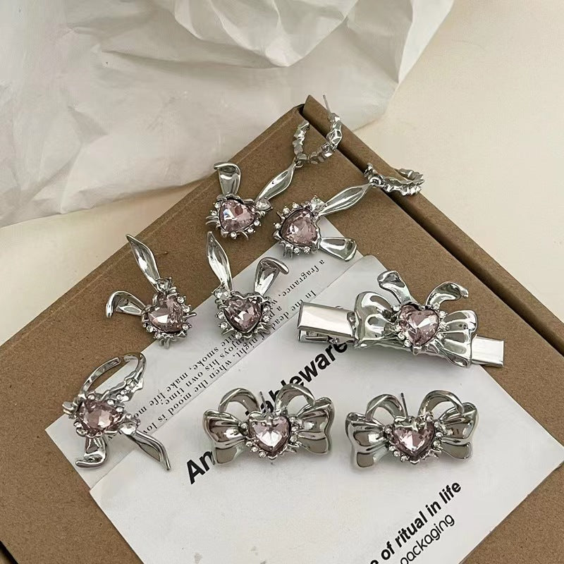 Silver needle bunny series cartoon cute love zirconia earrings earrings female with the same hairpin playful ring