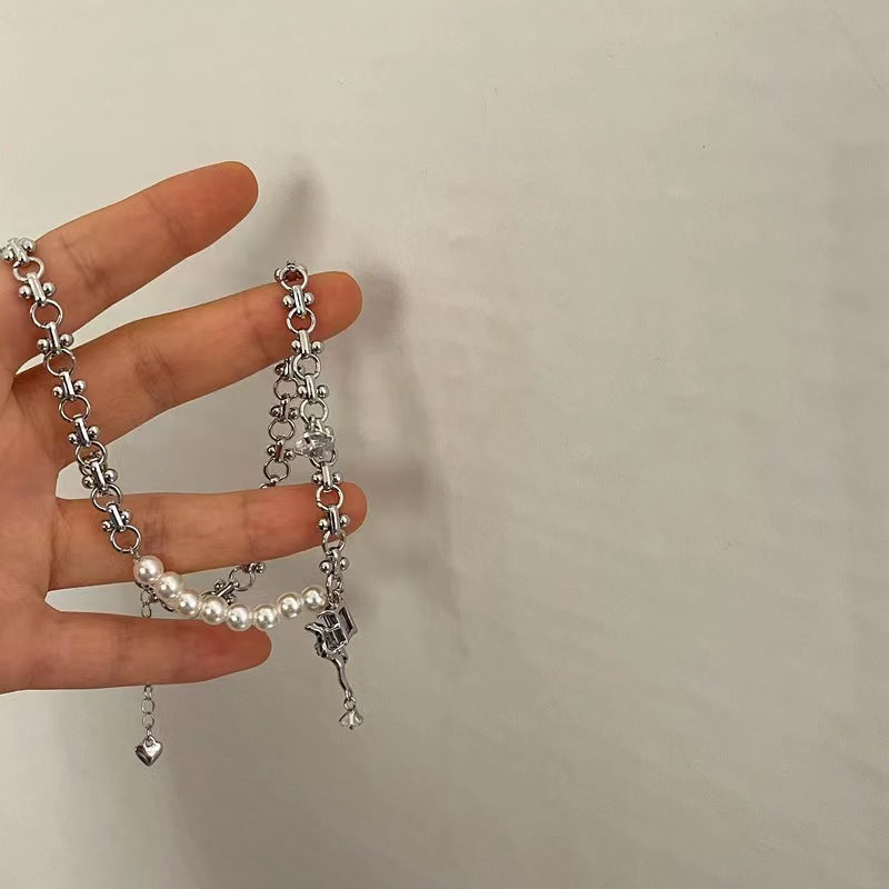 Zirconia pendant necklace female purple super fairy pearl chain splicing collarbone chain
