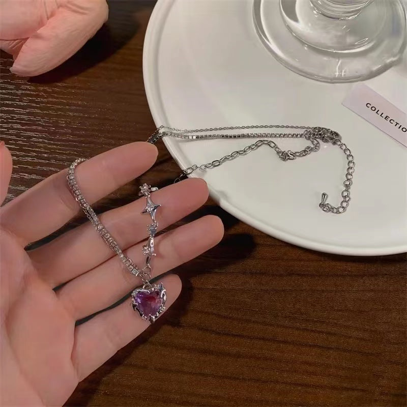 zirconia necklace double layer super fairy purple love pendant chain