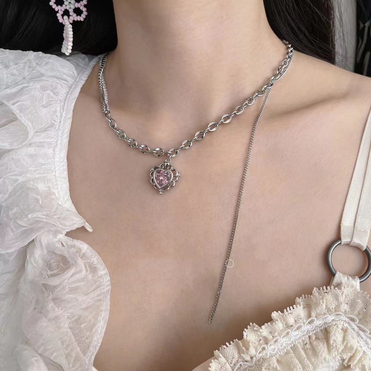 Pink zirconia love earrings necklace