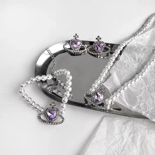 Fantasy purple planet temperament silver needle earrings bracelet necklace