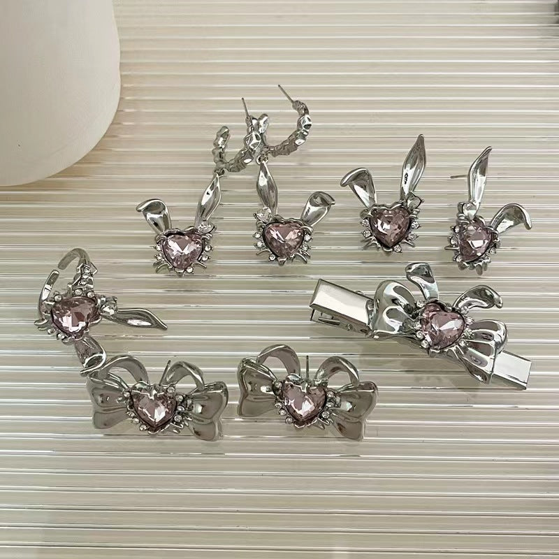Silver needle bunny series cartoon cute love zirconia earrings earrings female with the same hairpin playful ring