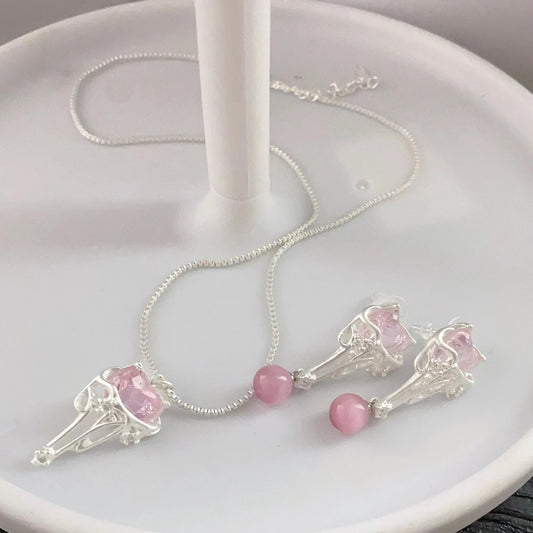 Pink zirconium love niche design necklace earrings studs collarbone chain simple fashion accessories