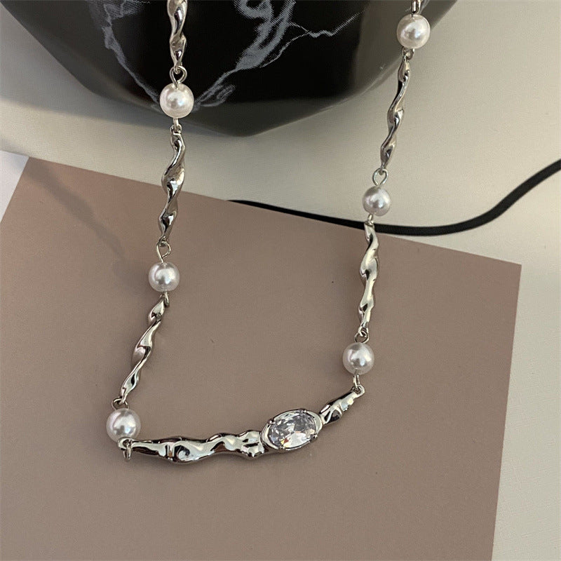 French Elegant Silver Pearl Zircon Necklace Women's Irregular Light Luxury Minority Premium Accessories Exquisite Clavicle Chain