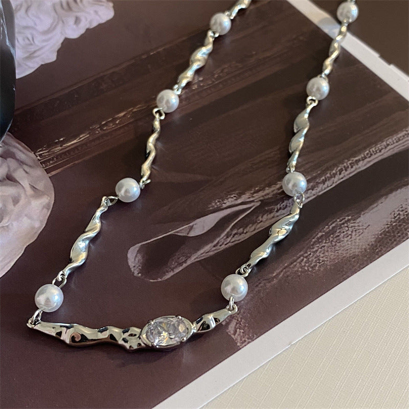 French Elegant Silver Pearl Zircon Necklace Women's Irregular Light Luxury Minority Premium Accessories Exquisite Clavicle Chain