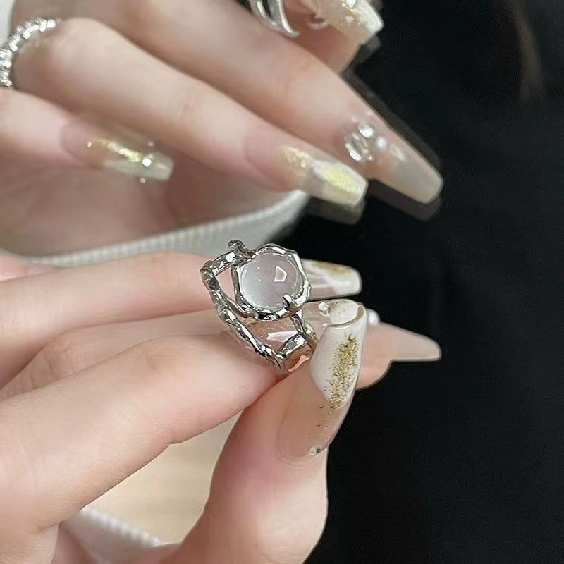 Niche design moonstone with diamond zircon ring women gemstone open ring